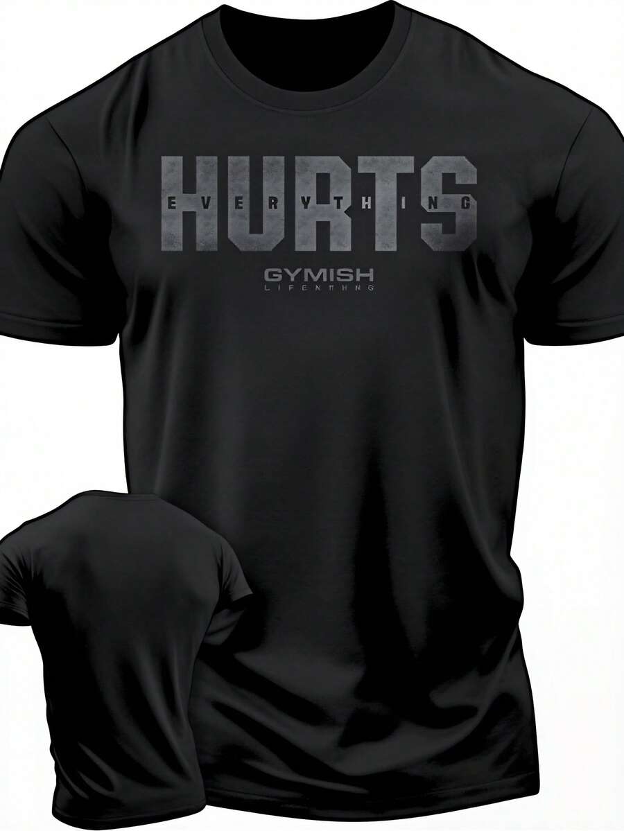 Herren Bodybuilding T-Shirt mit Grafik, Kurzarm Gym-Shirt, "Hurts Everything"-Design für Fitness-Bekleidung, 100% Baumwolle, Unisex-Stil, Geschenke für Männer, GYM TEE - Schwarz - Übersicht 1