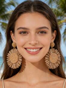 imoli 1 Pair Bohemian Style Polyester Raffia Handwoven Sunflower Flower Earrings, Suitable As Jewelry Gift For Women For Summer Beach Party, Gatherings - Multicolor - View 2