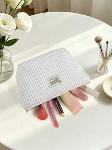 1 pieza/3 piezas Bolsa de maquillaje con diseño de gofre, bolsa de aseo de viaje para mujer, bolsa de almacenamiento de cosméticos de gran capacidad, bolsa de cuidado de la piel portátil, el amor hace que el mundo gire - Blanco - Ver 5