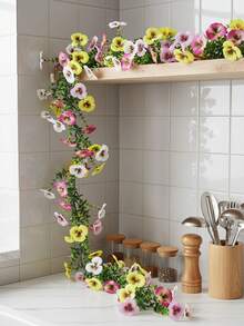 1件人造粉色、黃色、紫色三色堇藤蔓喇叭花，自然下垂花簇設計，180/70.86英吋，逼真葉片紋理，堅固莖部懸掛設計，無需維護，春季必備裝飾，適合北歐風母親節、復活節、婚禮及春夏慶典，適用於戶外聚會、節日慶祝、生日派對、婚禮場地及居家裝飾，秋季感恩節、萬聖節、聖誕節裝飾 - 紫黃色 - 查看 1