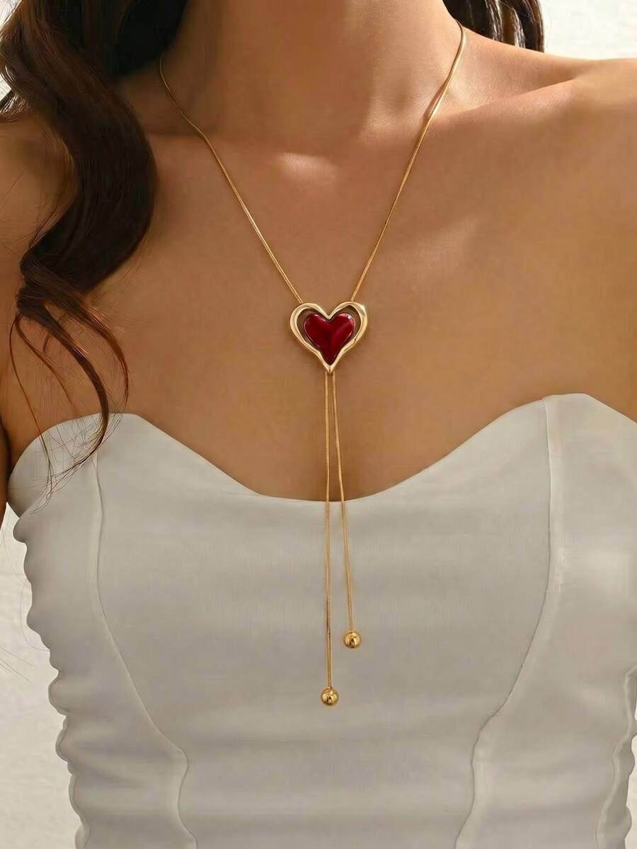1pc Spring/Summer New Minimalist Elegant Y-Shaped Women's Necklace, Fashionable Personalized Round Snake Chain, Geometric Brushed Round Disc, Color Block Heart Pendant, Tassel Long Sweater Chain, Daily Wear, Gift Metal Style Versatile Accessory - Red - View 1