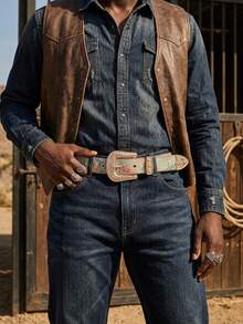 1pc Men's Western Style Matte Engraved Belt, Summer Versatile Jeans Accessory, Western Cowboy Rhinestone Buckle Belt, Floral Jacquard Strap, Exaggerated Athletic Style - Light Green - View 3