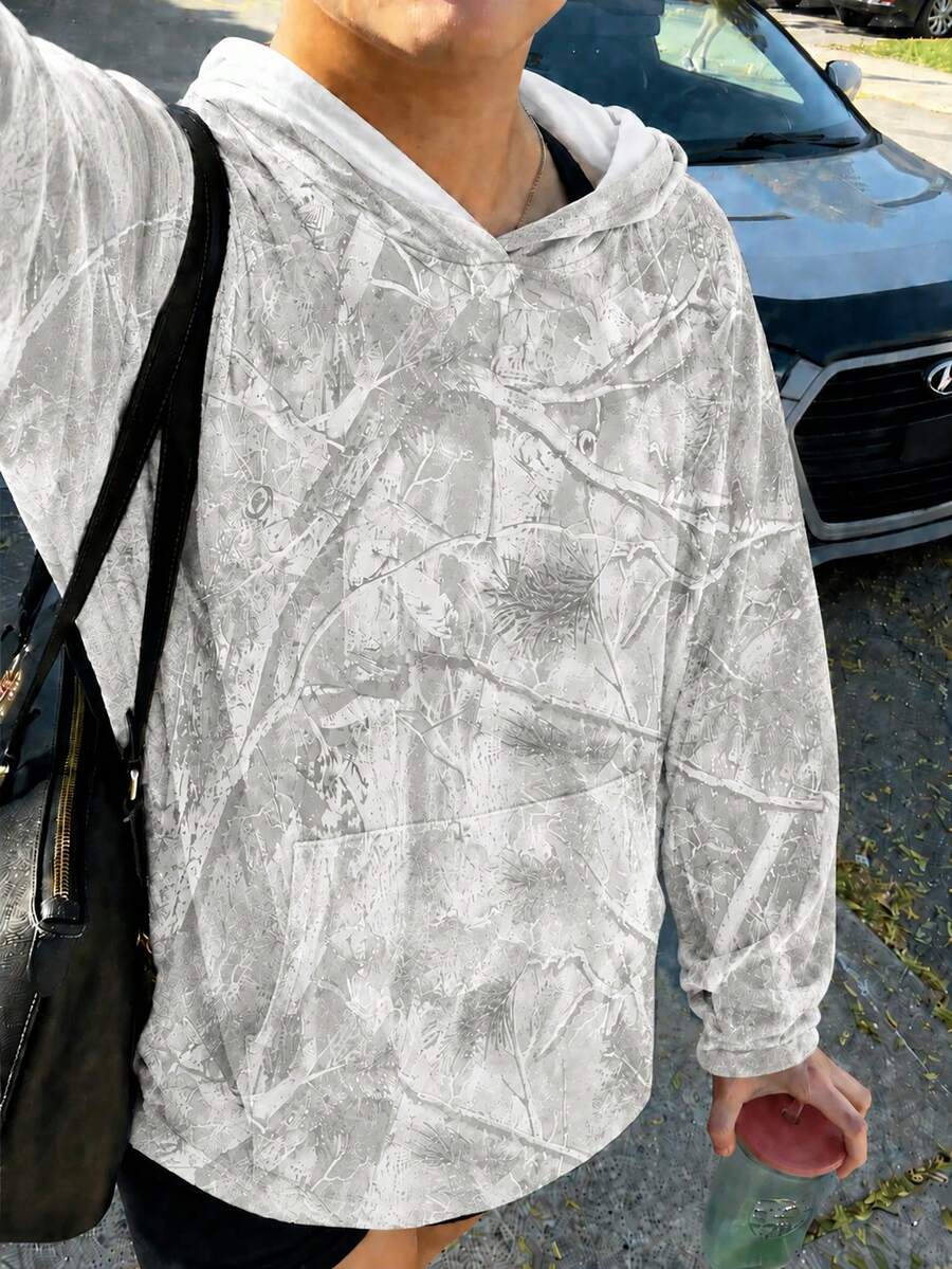 Women's Loose Fit Woodland Leaf Print Hoodie - Multi Styles, Long Sleeve Hooded Sweatshirt, Fall/Winter Casual Top, Home & Outdoor Wear - 淺灰色 - 查看 1