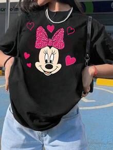 Disney Minnie Mouse Print Tshirt, Women's Casual Cotton Minnie Mouse Print Short Sleeve Round Neck T-Shirt With Slight Stretch - 黑色 - 查看 1