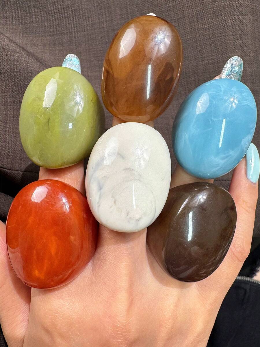 6pcs/Set Vintage Exaggerated Oval Wide Face Oversized Resin Ring Set, Colorful Dual-Tone Tie Dye Thick Chunky Women's Rings, Fashion Charm Jewelry - Multicolor - View 1
