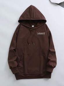 Letter Print Sweatshirt, Plus Size Women's Casual Autumn/Winter Long Sleeve Pocket Hooded Sweatshirt Brown - Brown - View 2