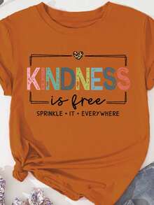 Summer T-Shirt With "Kindness Is Free" Print In Plus Sizes - Brown - View 1