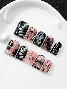 10pcs Pure Handmade Press On Nails, Multi-Layer Gel Acrylic Fake Nails With 3D Flower & Silver Metal & Marble Print Design, Removable Reusable Y2K Bad Girl Style Nail Tips, Including Tool Kit, Perfect For Daily & Party Wear, Exquisite Gift For Women - Multicolor - View 3