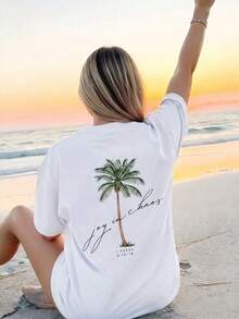 Women's Casual Short Sleeve Round Neck T-Shirt - Printed Pattern, Soft & Comfortable Fabric, Machine Washable, Summer Tops White Vacation - White - View 3
