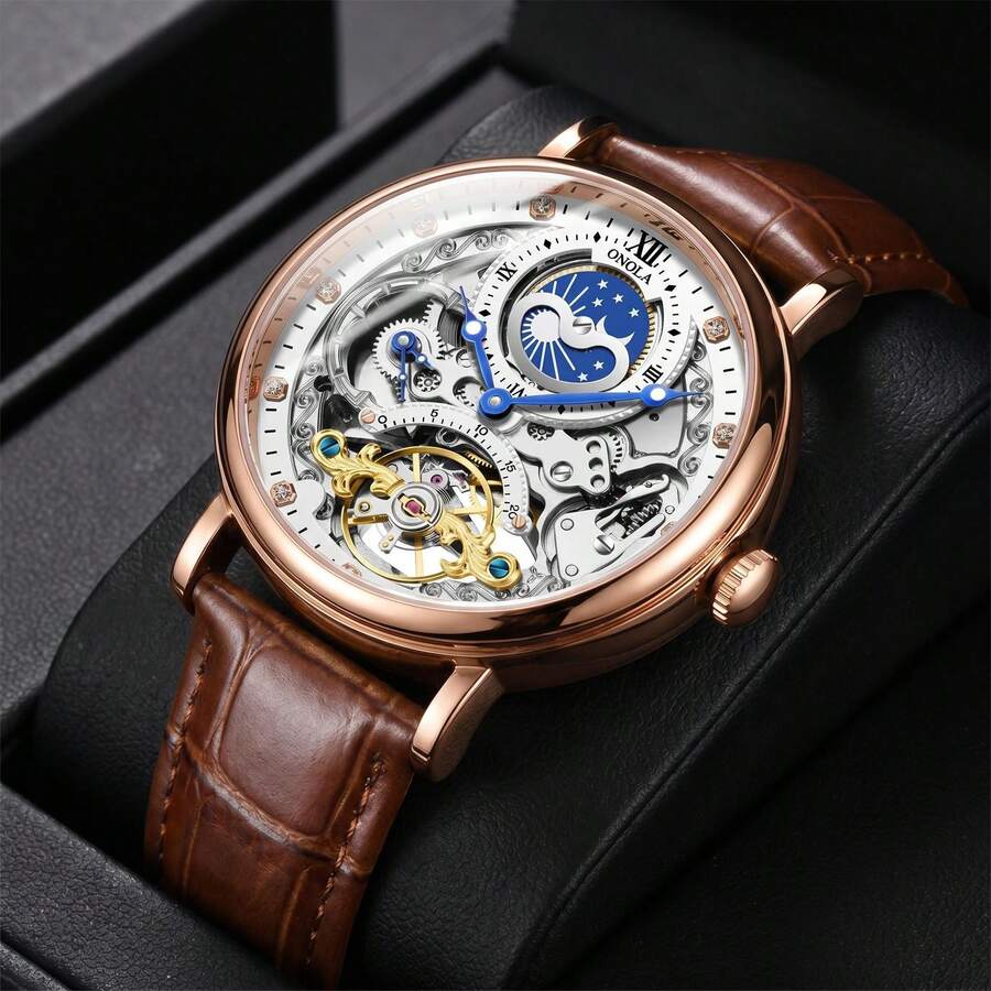 2026 New ONOLA Men Automatic Mechanical Watch 30M Waterproof Business Skeleton Tourbillon Gift Box