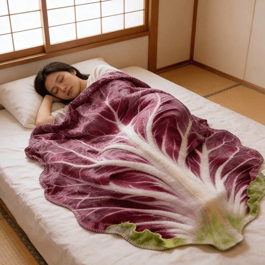 1件紫色萵苣圖案趣味逼真法蘭絨毯，平面蔬菜印花2D圖形，模擬蔬菜設計，獨特禮物創意，現代風格，四季適用，柔軟舒適覆蓋，可機洗