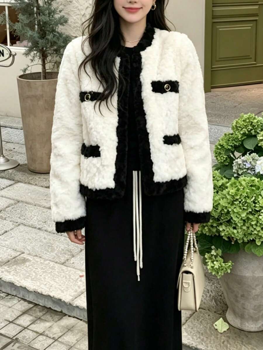 加厚仿兔毛女款外套,韓版蓬鬆厚款開襟短外套,2025秋冬新款 - 白色 - 查看 1