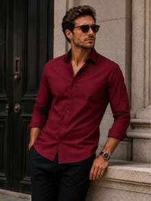 Camisa casual de manga larga de un solo pecho de unicolor para hombre - Burdeos - Ver 1