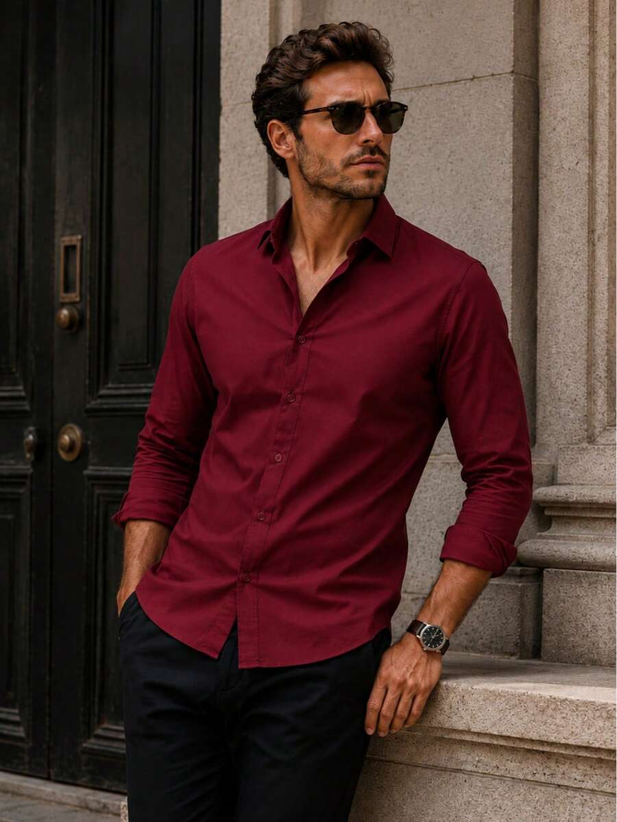 Camisa casual de manga larga de un solo pecho de unicolor para hombre - Burdeos - Ver 1