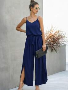 Women's Spaghetti Strap V-Neck Tie-Up Side Slit Jumpsuit - Navy Blue - View 3