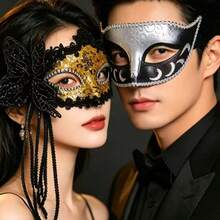 2pcs Unisex Shiny Venetian Style Plastic Masks, Black & Gold Color, Lightweight & Comfortable, Suitable For Halloween, Masquerade Or Theme Events - Multicolor - View 9