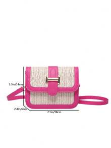Sac en paille tressée pour femmes, sac bandoulière patchwork minimaliste à la mode, sac carré polyvalent de petite taille, mini sac carré, paille tressée avec matériau PU - Rose vif - Voir 5