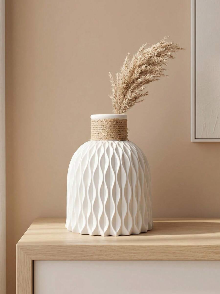 Jarrón de onda de agua creativo, material resistente a caídas, jarrón de decoración floral, textura geométrica combinada con cuerda de cáñamo, a prueba de fugas, adecuado para flores secas, flores frescas. Textura mate, adecuado para muchas festividades, gran regalo. - Ver 1