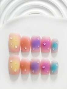 10Pcs Casual Style Handmade Press On Nail,Polygel Nail Set,Matte Finish,Yellow,Orange,Pink,Purple And Blue Nail Polish,Energetic Style,Includes Nail Tools,3 Sizes Available,Square,Short Square,Almond,Nails For Party,Dance,Daily Wear. - 彩色 - 查看 20