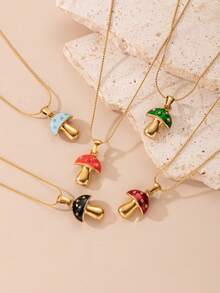 1 pieza Collar con colgante de hongo colorido y lindo de acero inoxidable color dorado, de moda para mujer, adecuado para usar o como regalo - Amarillo Oro - Ver 1