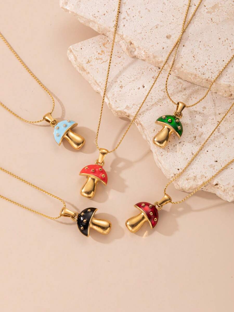 1 pieza Collar con colgante de hongo colorido y lindo de acero inoxidable color dorado, de moda para mujer, adecuado para usar o como regalo - Amarillo Oro - Ver 1