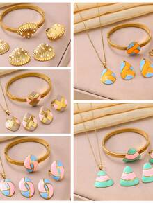 Macaron Enamel 4PCS Jewelry Set, Titanium Steel Gold Plated, Hypoallergenic Necklace Bracelet Earrings Ring, Perfect Gift For Women - Seashell Four-piece Set - View 3