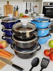 3pcs Multi-Color New Enamel Cookware Set, Including Small Milk Pot, Noodle Pot, Soup Pot, Suitable For Children's Food, Induction & Gas Stove, Household Mini Enamel Pot Set - View 1