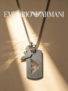 Armani 男士項鍊，鷹標誌雙狗牌設計，不鏽鋼小眾奢華禮物送男友，百搭層疊可調節男士飾品 - 銀色 - 查看 2