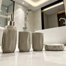 4-Piece Matte Gray Ceramic Bathroom Accessory Set, Modern Geometric Faceted Bathroom Organizer Kit With Soap Dispenser, Toothbrush Holder, Tumbler & Soap Dish, Complete Bathroom Countertop Storage Set For Home & Apartment - F-Beige - View 7