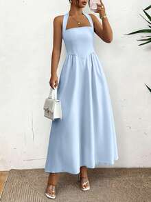 Unadoll 女款藍色純色亞麻夏季中長洋裝，掛脖方領露背百褶飄逸沙灘裙，優雅風 - 藍色 - 查看 6