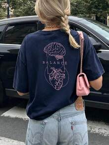女款圓領短袖T恤，夏季新款愛心圖案與字母印花，休閒寬鬆百搭上衣，時尚日常穿搭 - 藏青 - 查看 6