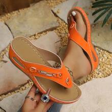 Women's Solid Color Rhinestone High Heel Flip Flops Beach Sandals For Summer Vacation - Orange - View 7