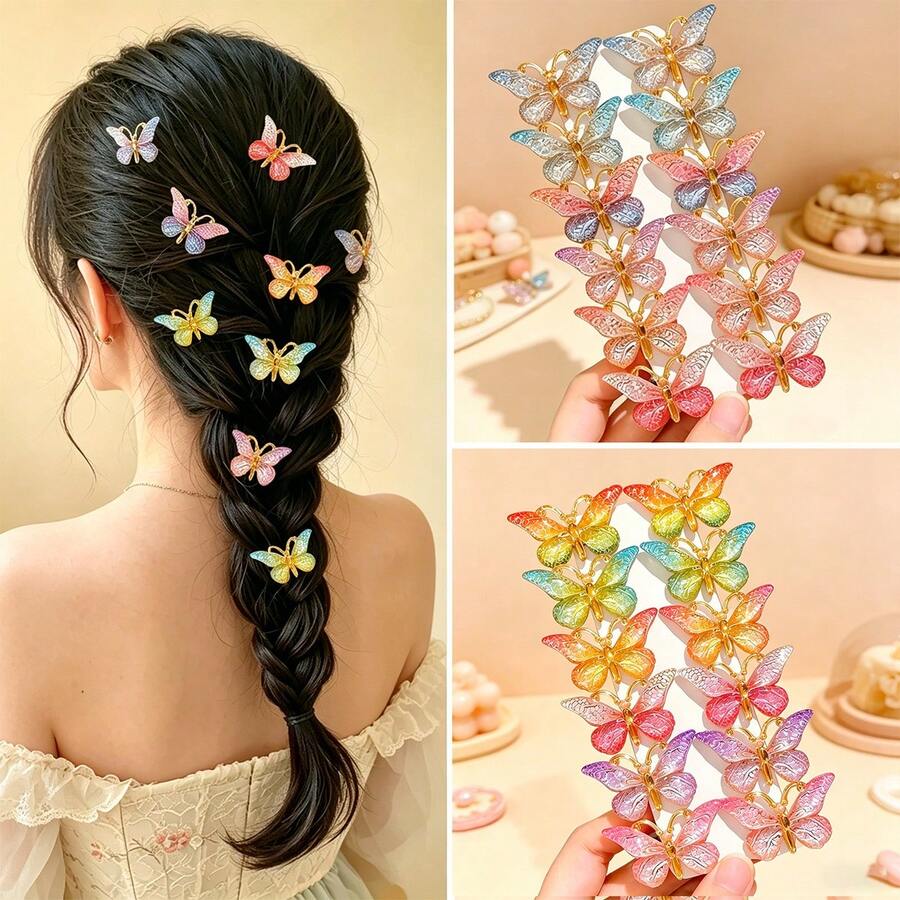 7/14/21pcs Sweet Gradient Color Small Butterfly Hair Clips, Girls' Daily Casual Versatile Hair Styling Clips - Multicolor - View 1