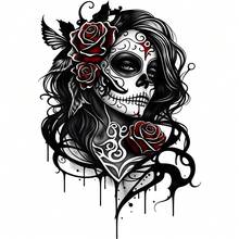 1/2/3PCS Black White Red Color Sugar Skull Women Heat Transfer, Gothic Red Rose Tattoo Pattern Heat Transfer, Vinyl Print, Heat Transfer Sticker, Iron-On Transfer Sticker Decal - Suitable For Pillows, DIY, Backpacks, T-Shirts, Canvas Bags, Sweatshirts, Jeans, T-Shirts, Clothing, Sewing Supplies - Multicolor - View 2