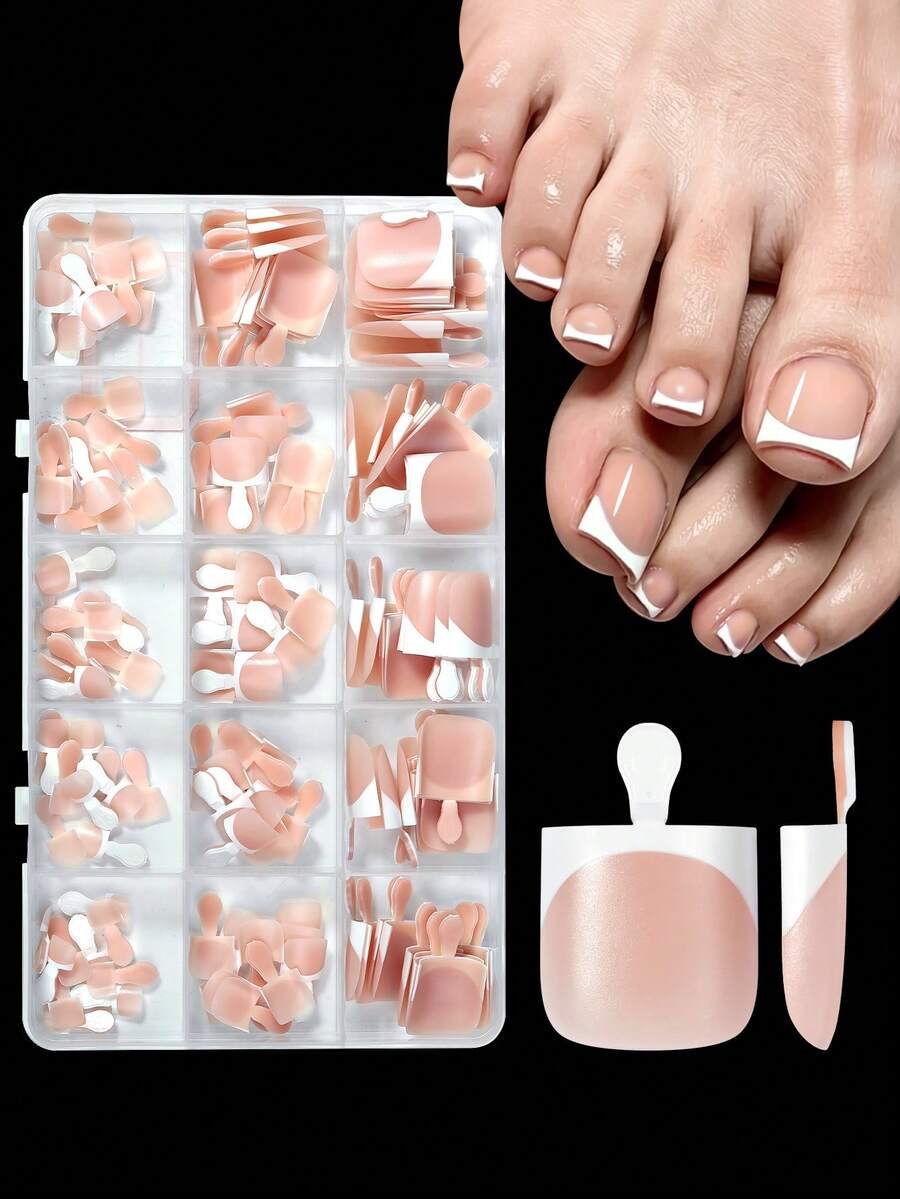 Misscheering 150pcs/Box Short Square Nude French Soft Gel Press-On Toenails, 15 Sizes Thick Full Coverage Pre-Designed Acrylic Toenail Extensions, Reusable Fake Toenails For Women's Daily DIY Foot Nail Salon