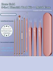 Rose Gold Stainless Steel 9Pcs Professional Acne Blackhead Remover Tools Kit, Multifunctional Pimple Comedone Extractor Tweezers Set With Portable Storage Metal Case, Facial Blemish Whitehead Popping Tool, Salon Home Daily Facial Skin Care Beaut - Multicolor - View 9
