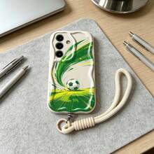 1 pieza Patrón de césped de fútbol, accesorio de cordón desmontable + funda de teléfono con onda asimétrica color crema, compatible con Galaxy S23/S24/S25/S26/S26Ultra/S26 Plus/A57/A37/A17/A07/ Note13Pro/ A3X/ Y21 Series - Blanco - Ver 2