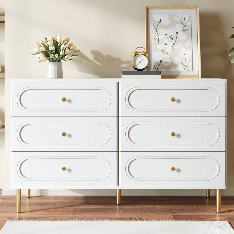 Sideboard, Chest Of Drawers With 6 Drawers, Oval Compartments, Metal Legs, Modern Storage Furniture For The Living Room. - 白色 - 查看 1