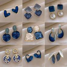 10pcs Blue Heart Geometric Earrings For Women, Versatile Stud Earrings With Niche Design, High-End Elegant Jewelry (Random Blue Pattern) - Royal Blue - View 1