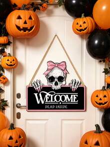Pink Gothic Skull Welcome Sign, "Welcome Dead Inside" Text, Pink Skull Design, Suitable For Halloween Themed Parties, Halloween Surprise Party Decorations, Home Decor, Porch Decor, Haunted House Decor, Garden And Gothic Style Home Decor - One Size Fits All - View 7