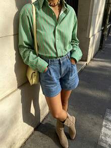 Women's New Autumn Green Striped Long Sleeve Shirt - Green - View 4