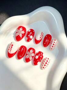 Handmade 10pcs Press On Nails - Red White Polka Dot Summer Nails, Glossy 3D Flower French Nails, Reusable Vacation Nails For Beach & Pool Parties, 2026 Summer Nail , Perfect For Mother's Day, Graduation & Holiday - Red - View 3