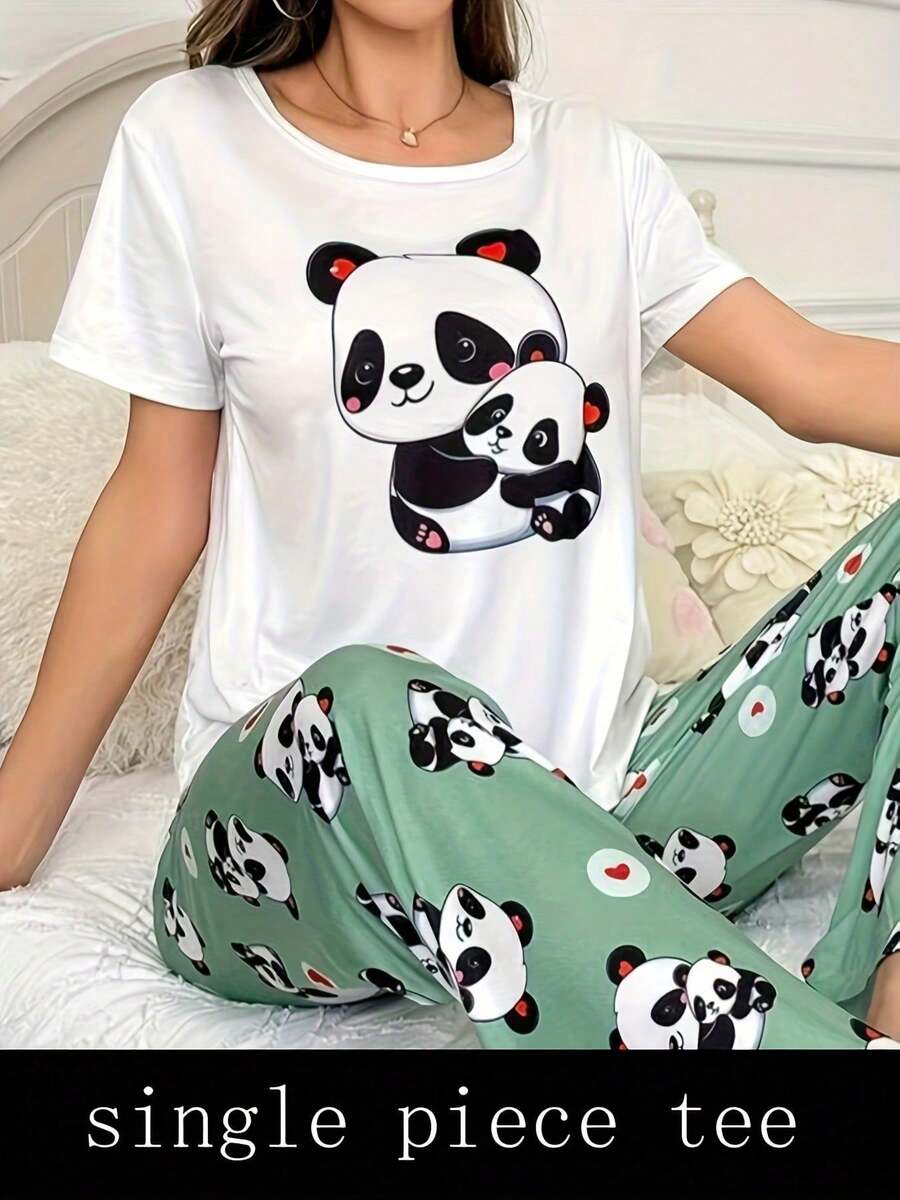 1 buah Kaos Piyama Lengan Pendek Motif Kartun Putih untuk Wanita - Putih - View 1