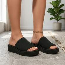 Women's Chunky Platform Sandals Slip On – Open Toe Knit Flatform Slides Comfortable Summer Casual Shoes/Chunky Platform Sandals / Slip On - 黑色 - 查看 2