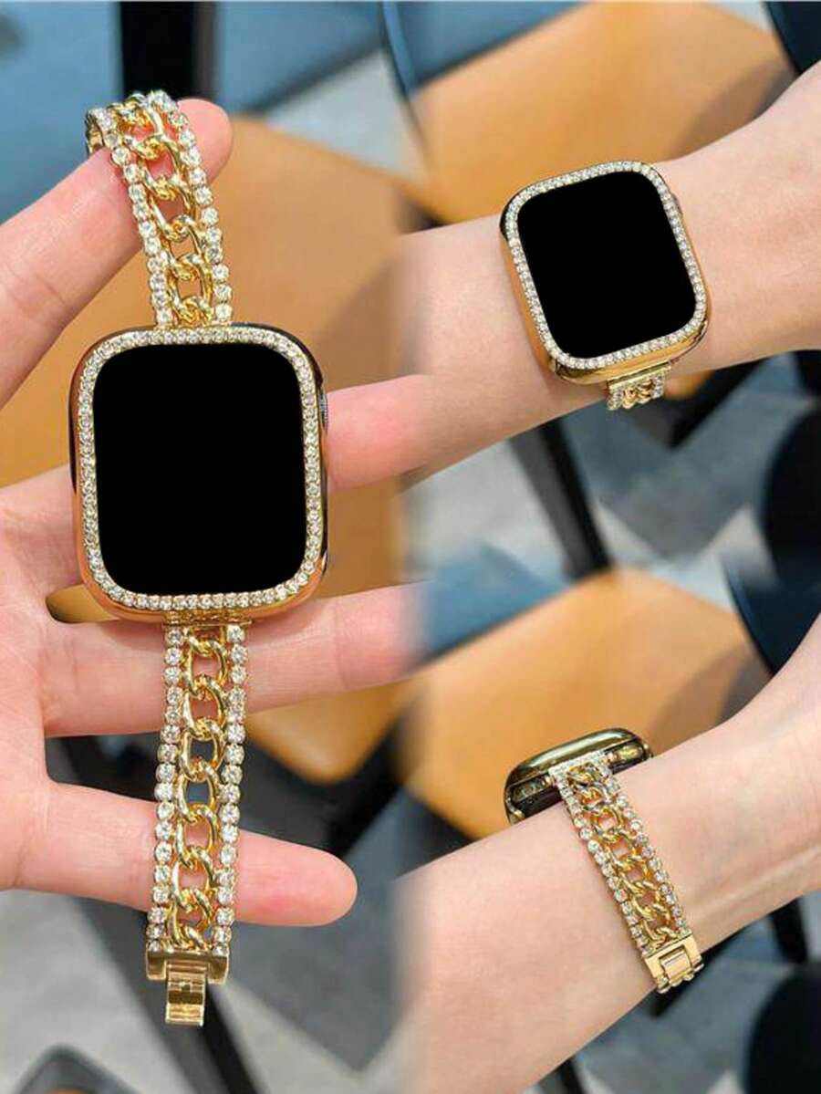 MAPUCE 1PC Premium Thin Rhinestone Metal Denim Chain Band, Compatible With Apple Watch 38/40/41/42/44/45/46/49mm, Suitable For Apple Watch Series Ultra/SE/11/10/9/8/7/6/5/4/3/2/1, Adjustable Length, Double-Sided Rhinestone With Denim Chain Design, High-End Fashion - Gold - View 1