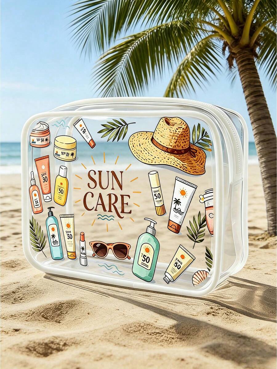 New Sun Protection Themed Print PVC Waterproof Toiletry Bag, PVC Beach Bag, Fresh Hand-Drawn Sun And Sun Protection Design, Summer Sun Care Storage Gift, PVC Travel Organizer Bag With Zipper - Lightweight Fade-Resistant Cosmetics And Toiletry Bag, Suitable For School, Vacation, Holiday, Back To School Supplies - Multicolor - View 1