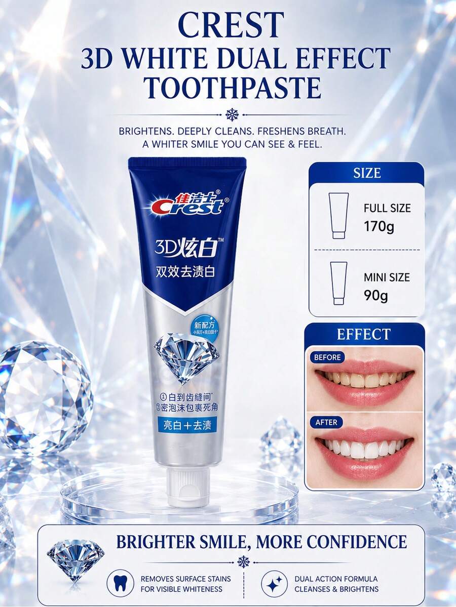 CREST Gleam White Dual-Action Toothpaste 170g Full Size, 90g Sample, Lime Fresh Scent, Stain Removal & Whitening, Deep Cleaning, Long-Lasting Freshness, Daily Oral Care - 3D炫白雙效去漬白牙膏 - 查看 1