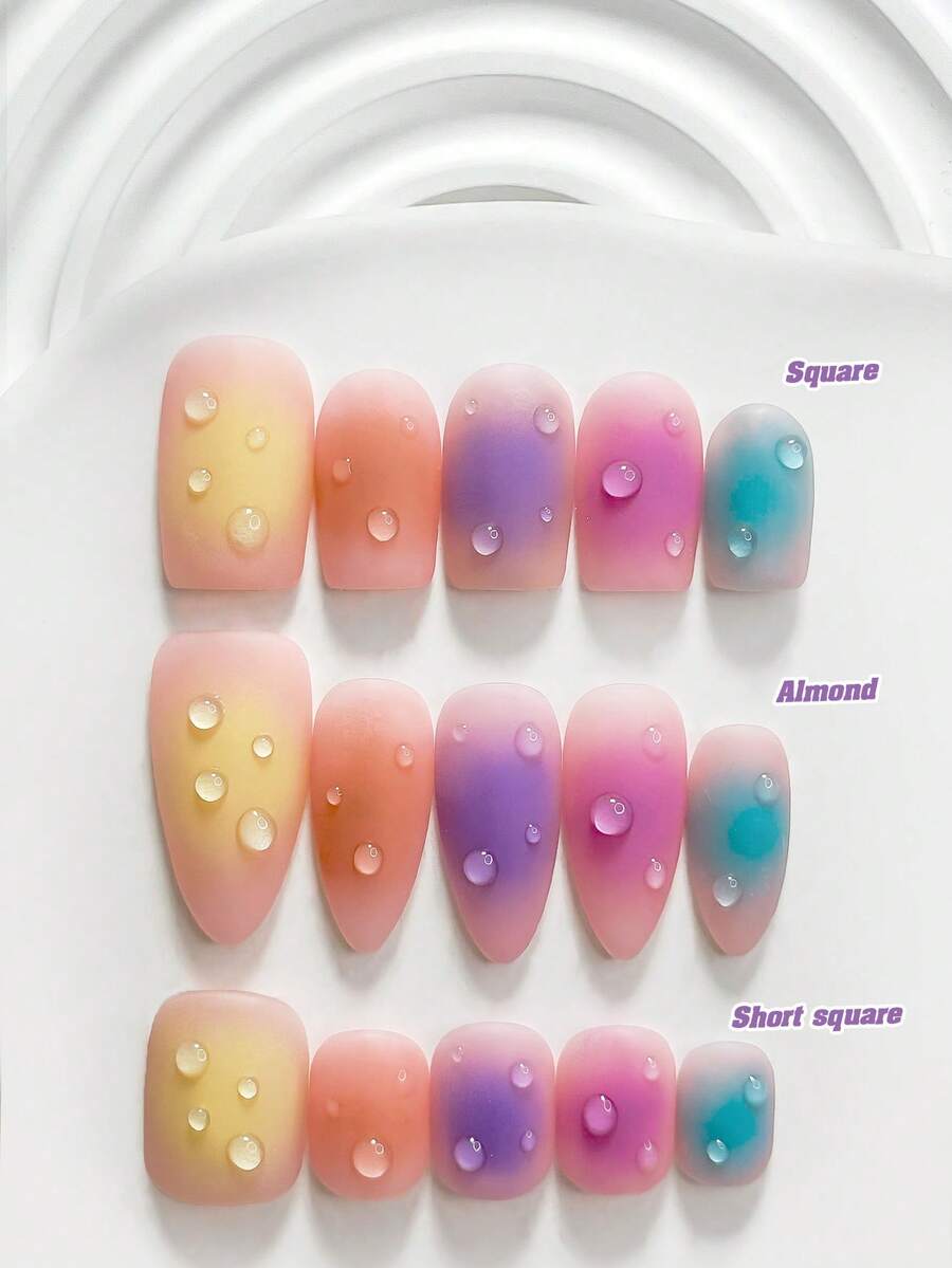 10Pcs Casual Style Handmade Press On Nail,Polygel Nail Set,Matte Finish,Yellow,Orange,Pink,Purple And Blue Nail Polish,Energetic Style,Includes Nail Tools,3 Sizes Available,Square,Short Square,Almond,Nails For Party,Dance,Daily Wear. - 彩色 - 查看 1