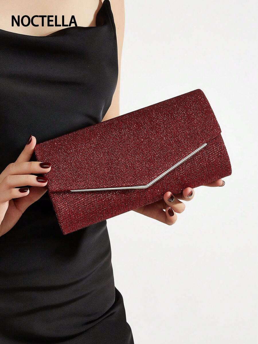 Noctella Luxurious Sparkling Burgundy Clutch Bag, Featuring All-Over Glitter Texture And V-Shaped Metal Trim, Radiating Charming Shimmering Luster, With Stylish Eye-Catching V-Shaped Metal Trim And Classic Envelope Design. Perfect For Formal Balls, Charity Galas And Red Carpet Events, Effortlessly Showcasing Luxurious And Elegant Silver Charm. The Best Gift For Women - Burgundy - View 1