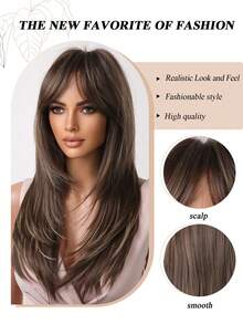 22 Inch Layered Straight Synthetic Wig With Curved Bangs, Gradient Brown And Light Brown Highlights, Suitable For Women's Daily Wear, Dates And Parties, Halloween - Multicolor - View 5